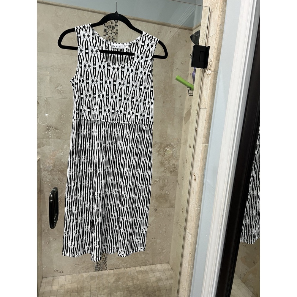 HABITAT Black White Crinkle Tank Sheath Dress XS Midi Geometric Stretch 53580